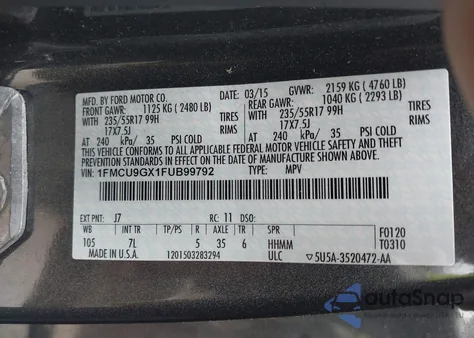 2015 Ford Escape Se from USA, damaged, VIN 1FMCU9GX1FUB99792